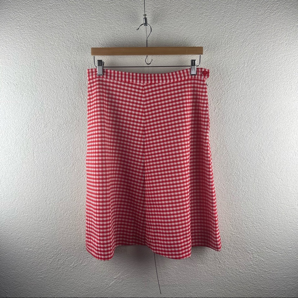 Vintage l 60s M Red Cream Houndstooth Polyester Knit A-Line Mod Scooter Skirt